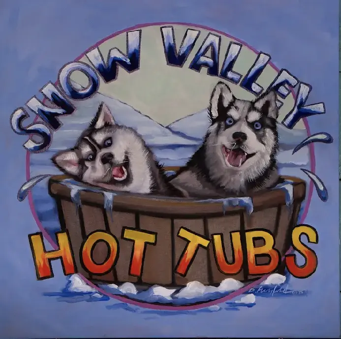 Logo of Snow Valley Hot Tubs with two dogs in a tub against a snowy mountain background.