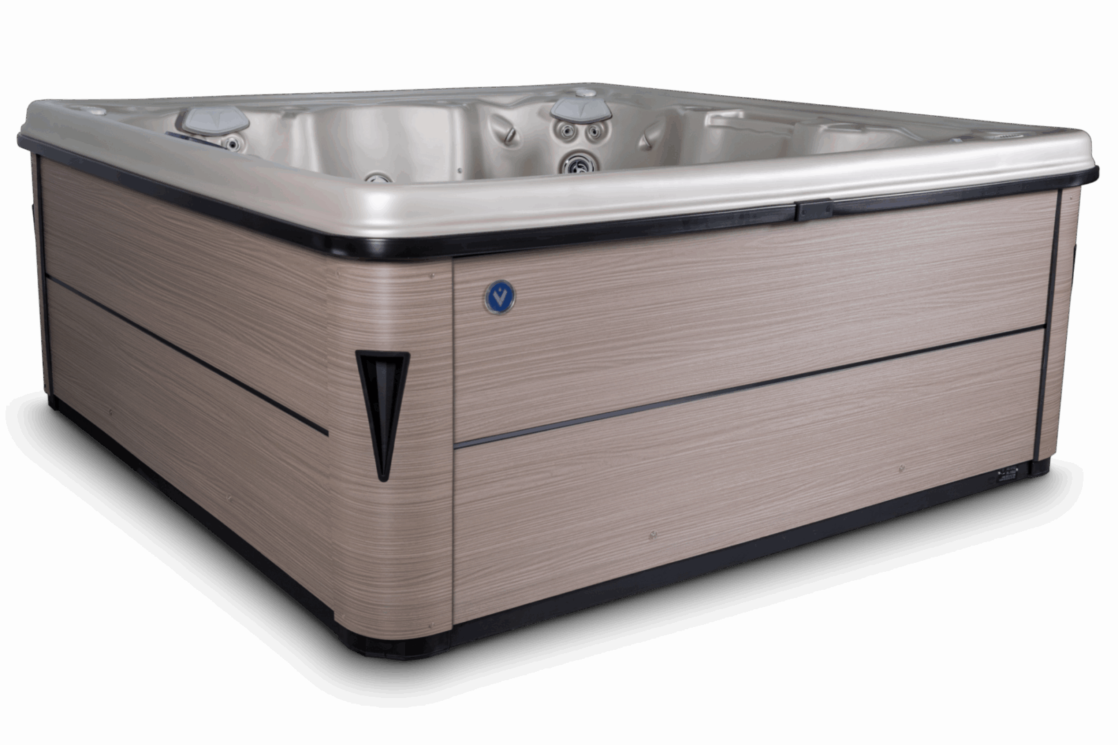 Modern rectangular hot tub with light wood paneling and built-in controls.