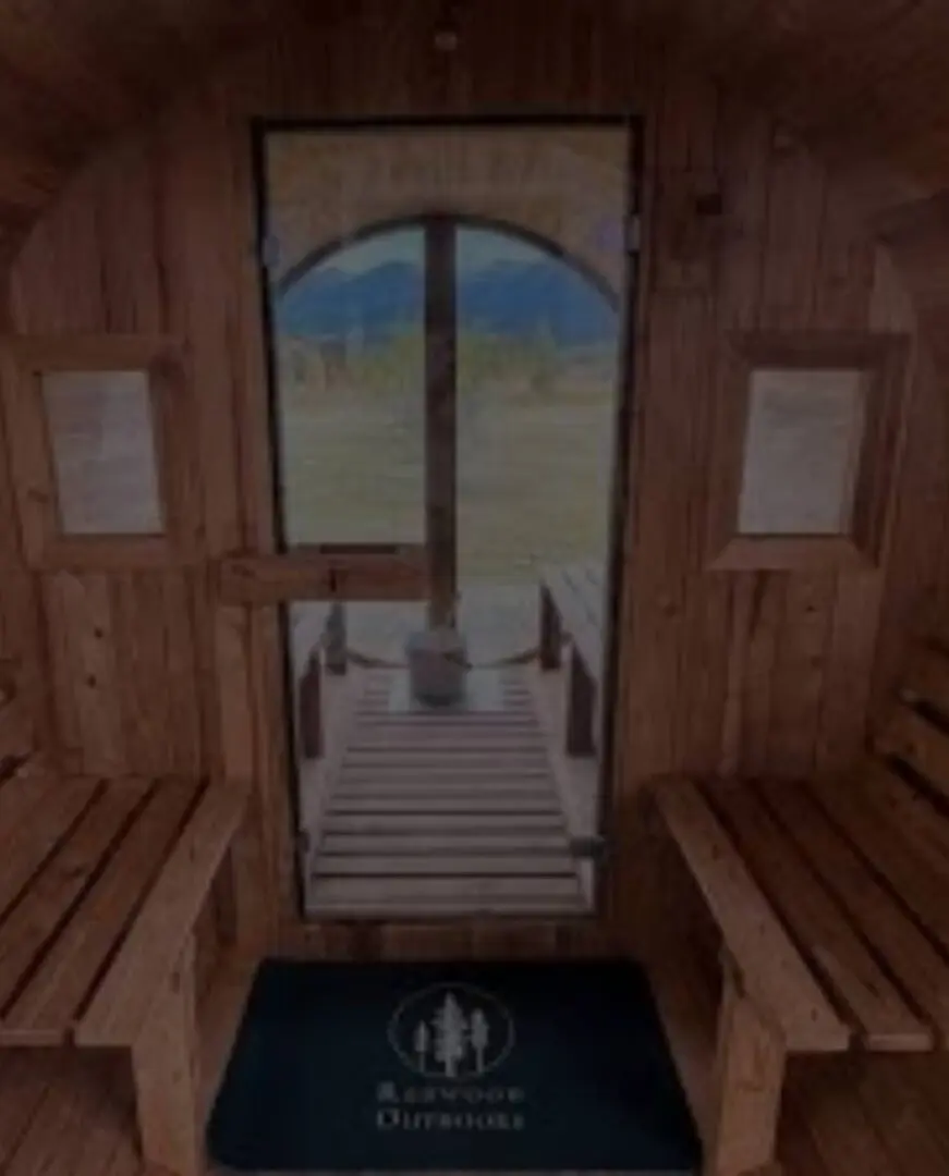 View from inside a wooden sauna looking out through an arched door.